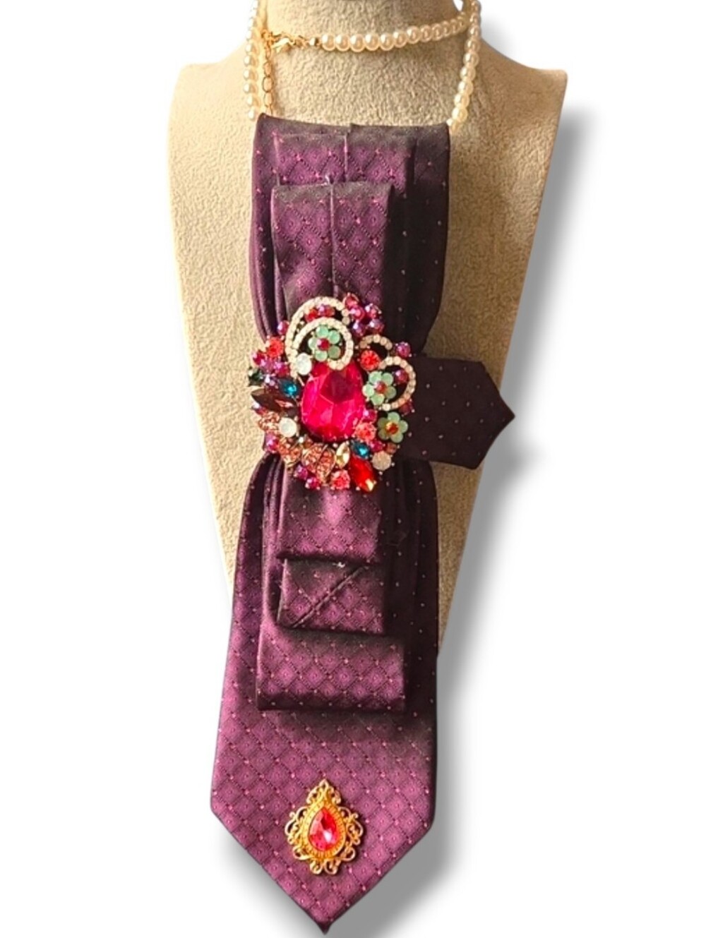 3/$60 Purple Cravat With Multicolor Decoratove Brooch